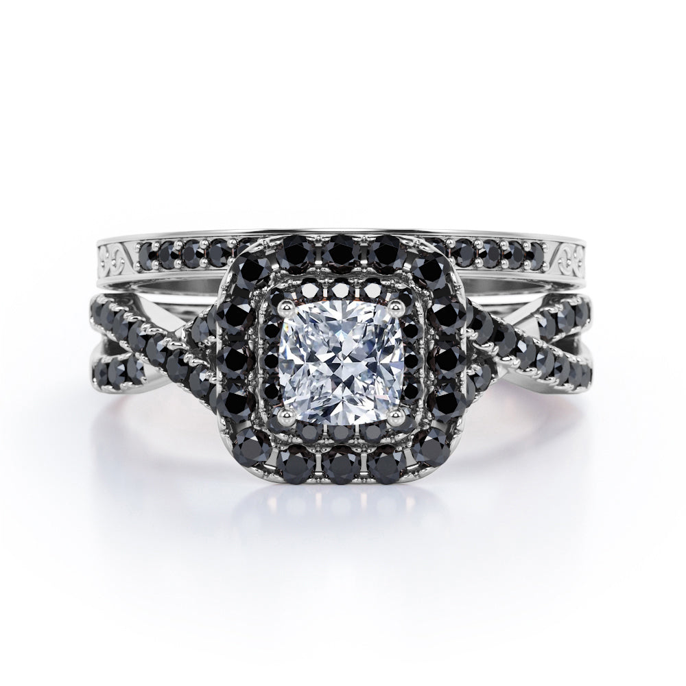 Filigree Twisted Pave 1.75 TCW Princess Cut Moissanite with Lab Created Black Diamond Rounded Square Double Halo Bridal Set in Rose Gold