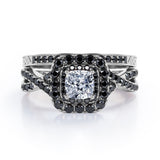Filigree Twisted Pave 1.75 TCW Princess Cut Moissanite with Lab Created Black Diamond Rounded Square Double Halo Bridal Set in Rose Gold