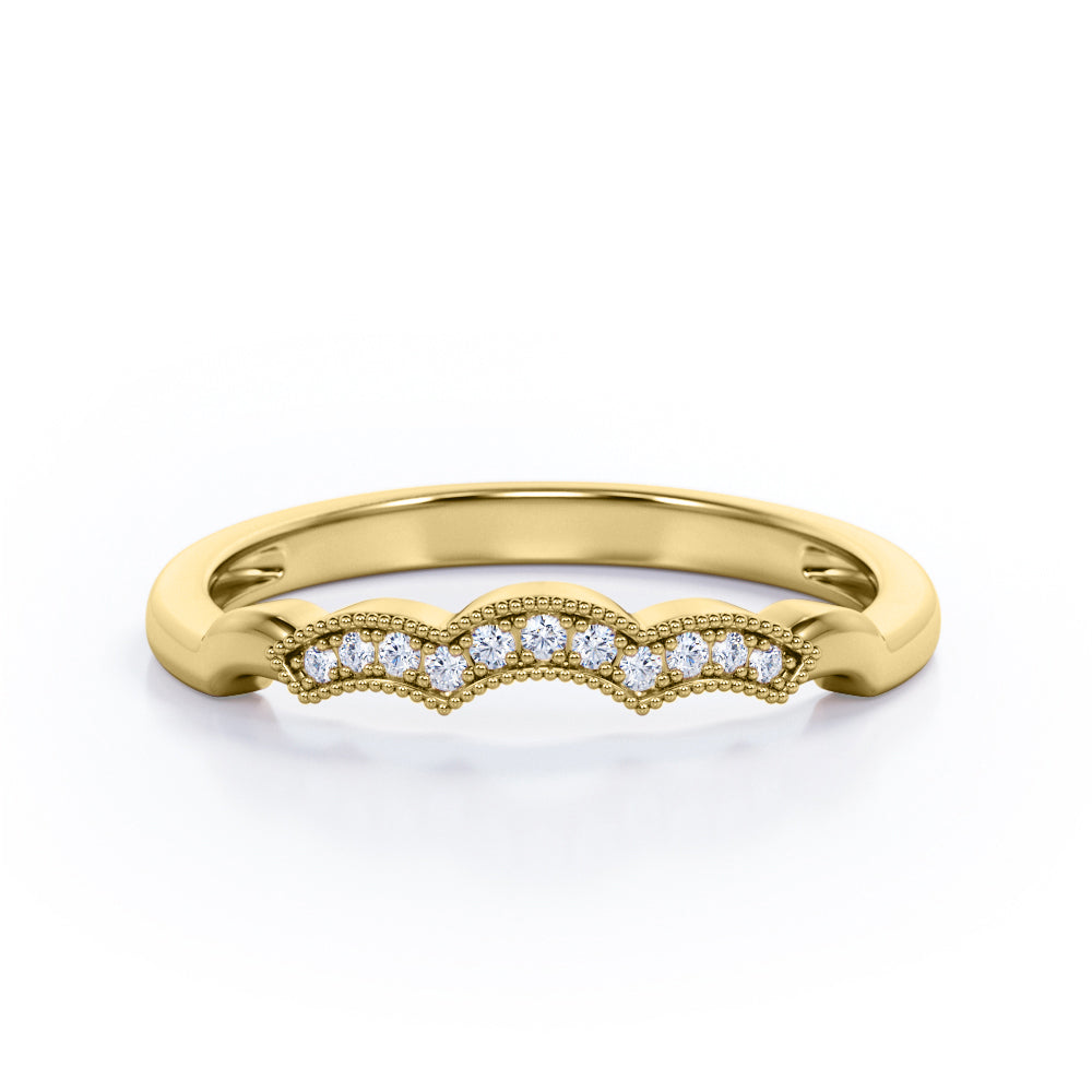 Cloud Curved 0.10 TCW Round Shaped Diamond Milgrain Pave-Channel Wedding Band in Rose Gold