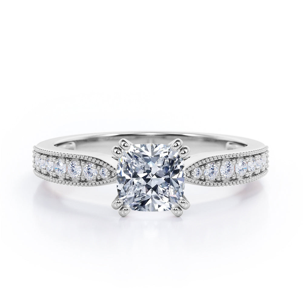 Beaded Eight Prongs 1.25 Carat Cushion Cut Moissanite And Diamond Antique Milgrain Engagement Ring In Rose Gold