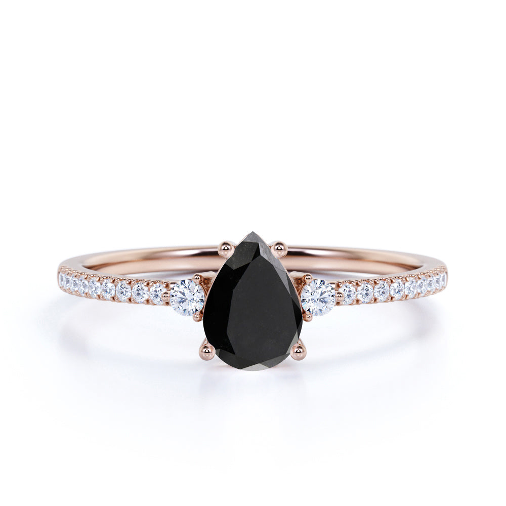 Surface Prong Set 1.35 Carat Pear Lab Created Black Diamond and Vintage Engagement Ring in White Gold