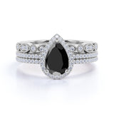 2 ct Pear Lab Black Diamond Antique Trio Wedding Ring Set