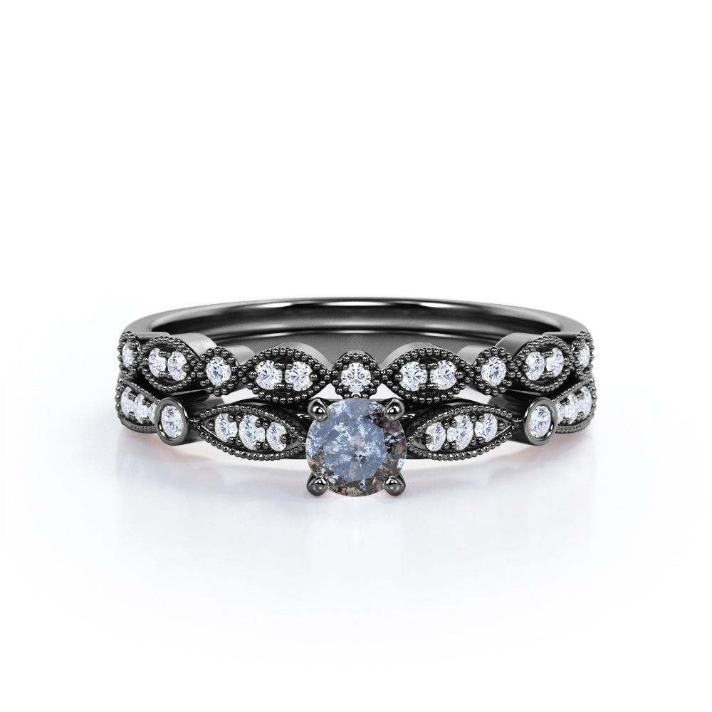 0.60 Ct Round Salt and Pepper Diamond Art Deco Wedding Ring Set