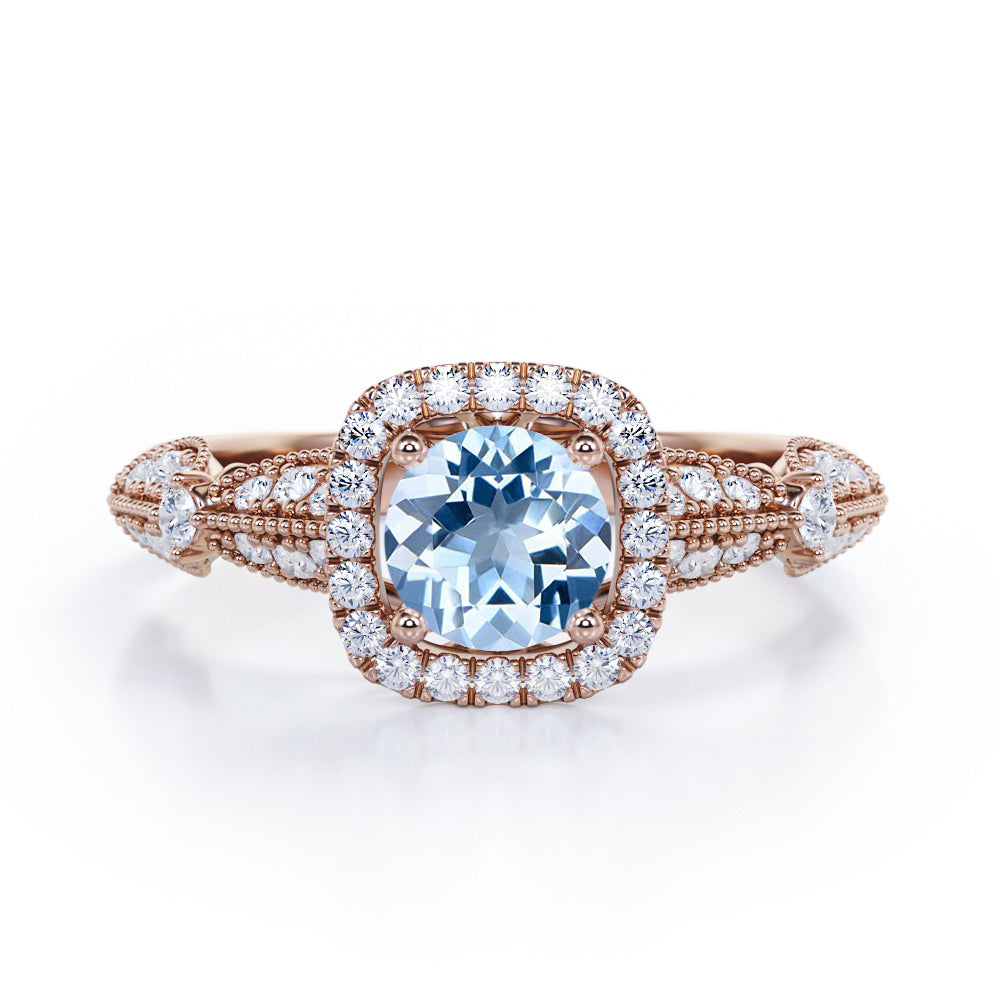 Antique Milgrain 1.35 Carat Round Cut Aquamarine And Diamond Halo Engagement Ring In White Gold