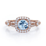 Antique Milgrain 1.35 Carat Round Cut Aquamarine And Diamond Halo Engagement Ring In White Gold