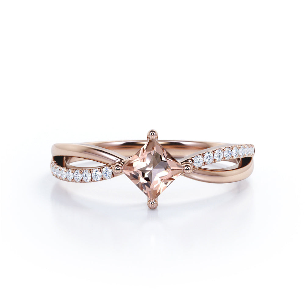 Romantic Elegant 0.65 carat Princess Morganite and Moissanite Twisted Shank Engagement Ring in White Gold