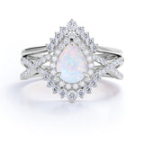Antique 1.75 Ct Pear Cut Lab Created Opal Bridal Set