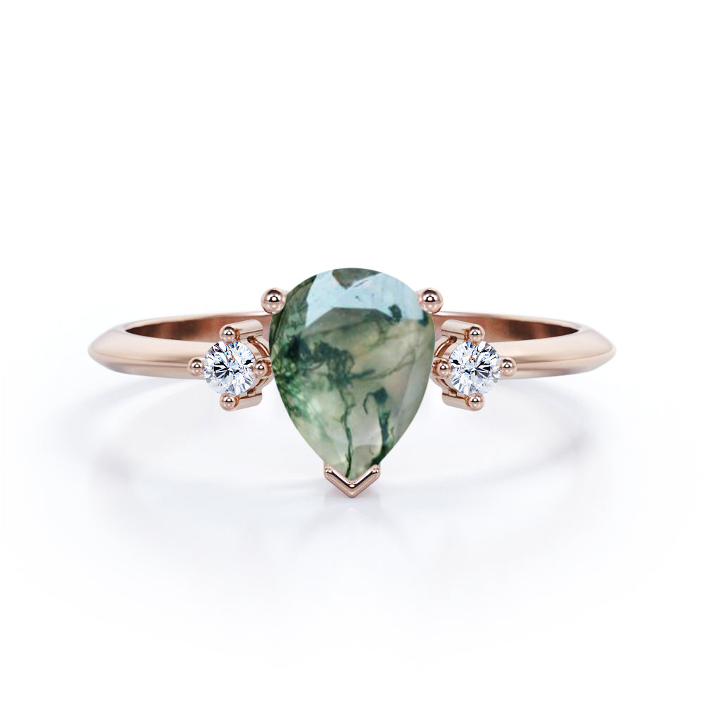 Special Gift - Trilogy 0.6 carat Pear Green Moss Agate and Moissanite Engagement Ring in White Gold