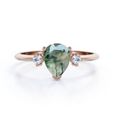 Special Gift - Trilogy 0.6 carat Pear Green Moss Agate and Moissanite Engagement Ring in White Gold