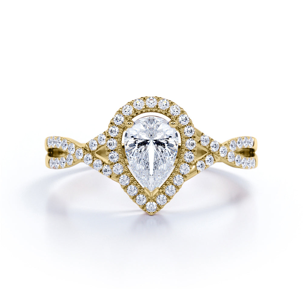 Infinity Style 1.50 Carat Teardrop Shape Moissanite and Diamond Halo Engagement Ring in White Gold