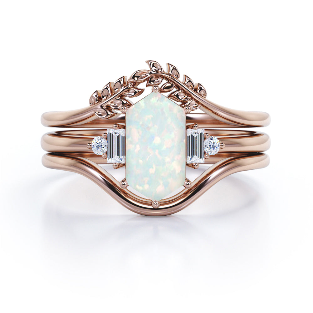 Nature 1.15 Ct Hexagon Cut Lab Created Opal Wedding Ring Set