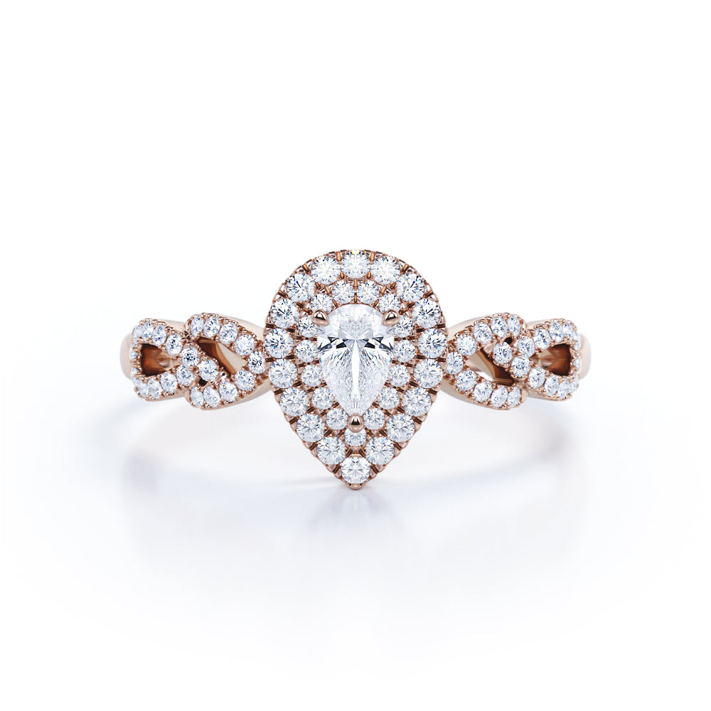 Interweaved 1.25 carat Pear Moissanite and Diamond Double Halo Knot Engagement Ring in White Gold
