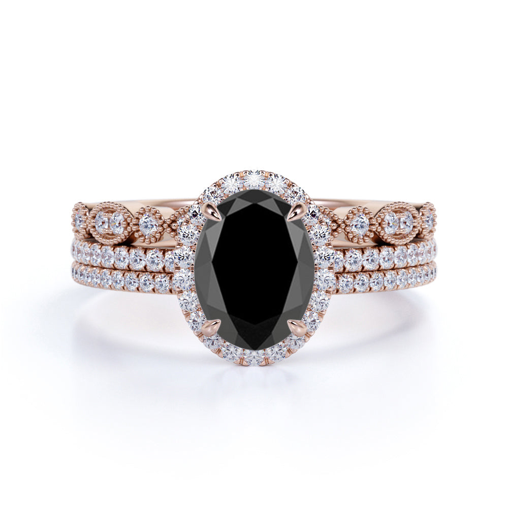 Unique 2 Carat Oval cut Lab Black Diamond Trio Wedding Ring Set in White Gold for Her