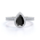 Antique Vintage 1.75 Carat Pear cut Lab Black Diamond Halo Wedding Ring Set for Women in White Gold