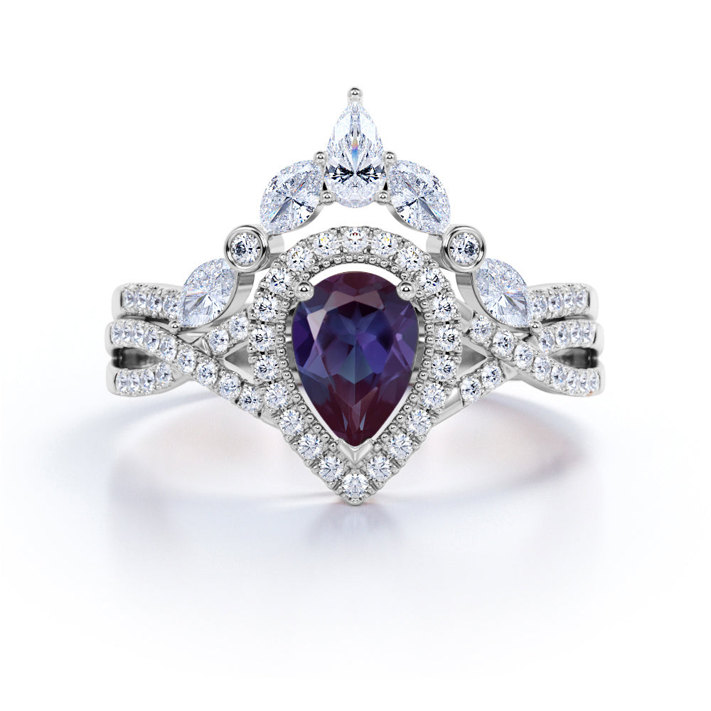 Unique Halo Crown 2 Carat Pear Shaped Lab Created Alexandrite and Diamond Pave Art Deco Wedding Ring Sets - Bridal Set Rings in Rose Gold for Her