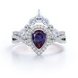 Unique Halo Crown 2 Carat Pear Shaped Lab Created Alexandrite and Diamond Pave Art Deco Wedding Ring Sets - Bridal Set Rings in Rose Gold for Her