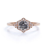 Floral 1.25 ct Round Black Rutilated Quartz Bezel Engagement Ring