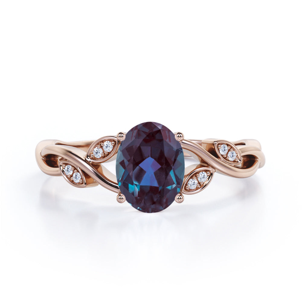 Twisted Leaf Art Deco 1.10 Carat Oval Cut Lab Created Alexandrite And Diamond Infinity Style Engagement Ring In White Gold
