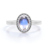 Massive 1.25 Carat Oval Dark Blue Moonstone and Diamond Halo Engagement Ring in Rose Gold