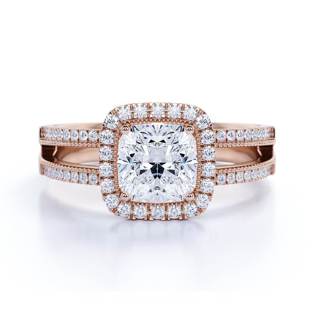 Pave 1.75 Carat Cushion Moissanite Halo Engagement Ring