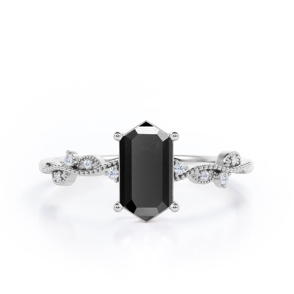 Vintage Wavy Milgrain 0.5 carat Hexagon Black Diamond Engagement Ring in Rose Gold