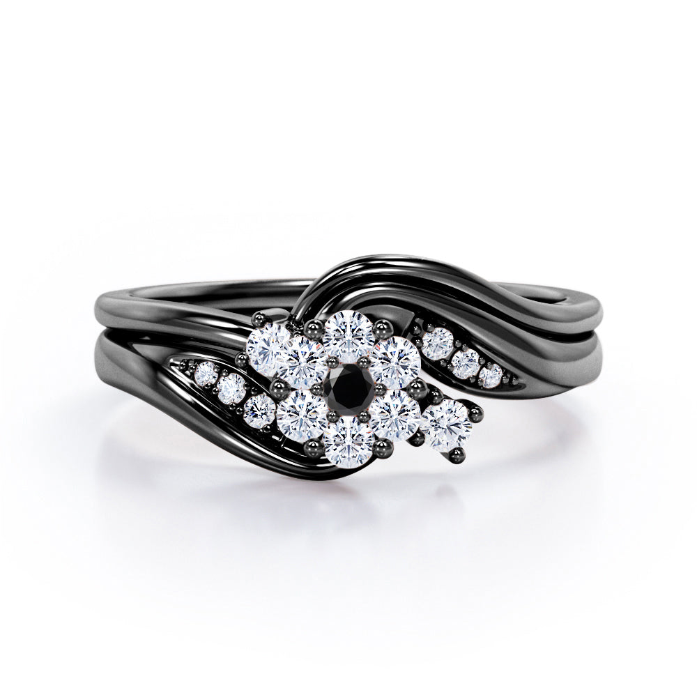 Mini Pave-Channel Tension 0.6 TCW Round Brilliant Cut Black Diamond Floral Cluster Bridal Ring Set in Rose Gold