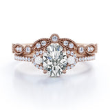 Unique 1.25 carat Oval Moissanite, Pearl and Diamond Vintage Wedding Ring Set in White Gold
