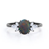 Butterfly style 1.25 Carat Oval Cut Natural Black Fiery Opal And Diamond Nature Inspired Engagement Ring In White Gold
