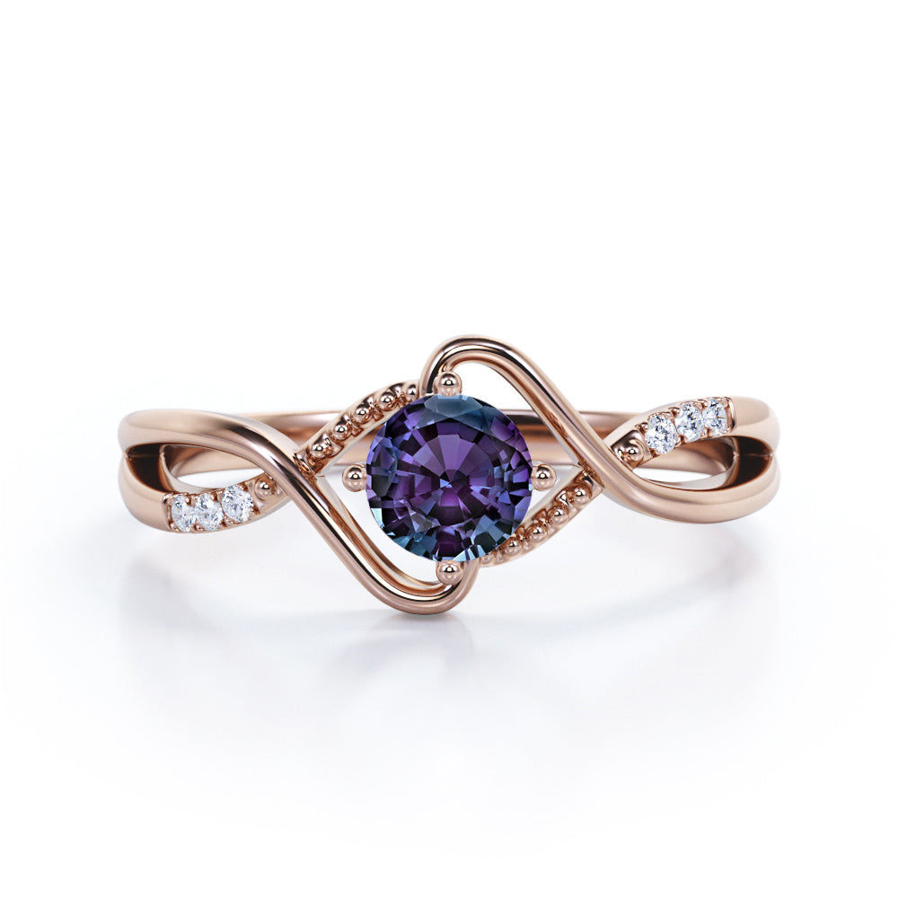 Infinity Style 1.10 Carat Round Cut Lab Created Alexandrite And Diamond Twisted Shank Engagement Ring In White Gold