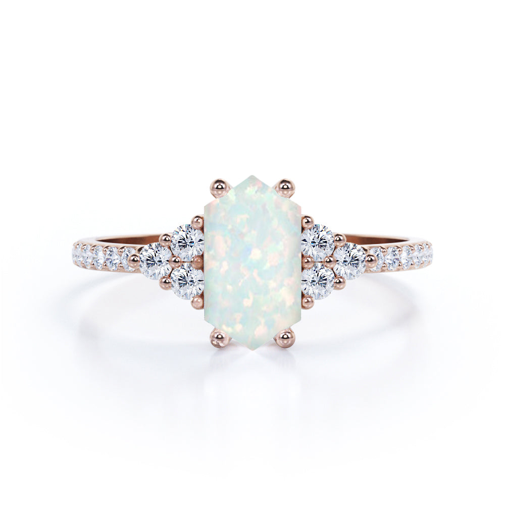 Four Prong 1.45 Carat Hexagon Shaped Precious Fire Opal And Diamond Pave Engagement Ring In White Gold