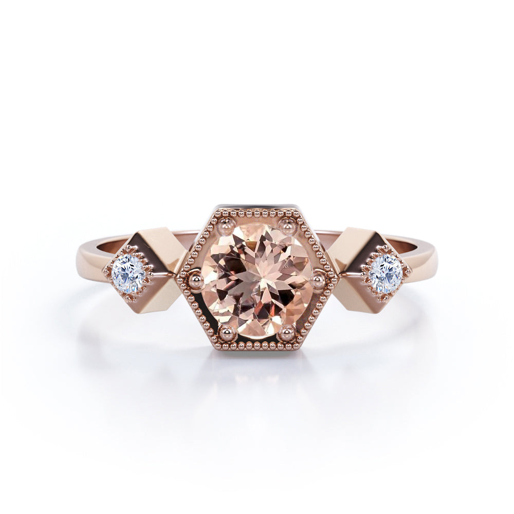Trilogy 0.5 carat Round Morganite and Moissanite Modern Engagement Ring in White Gold