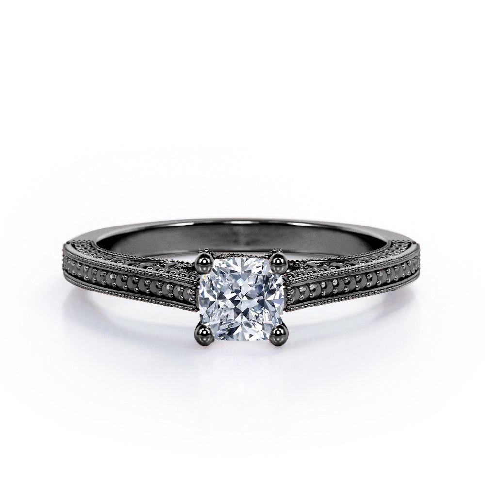 Three Sided Pave - 1.35 TCW Princess Cut Moissanite with Lab Created Black Diamond - Milgrain Decorated Engagement Ring in Rose Gold