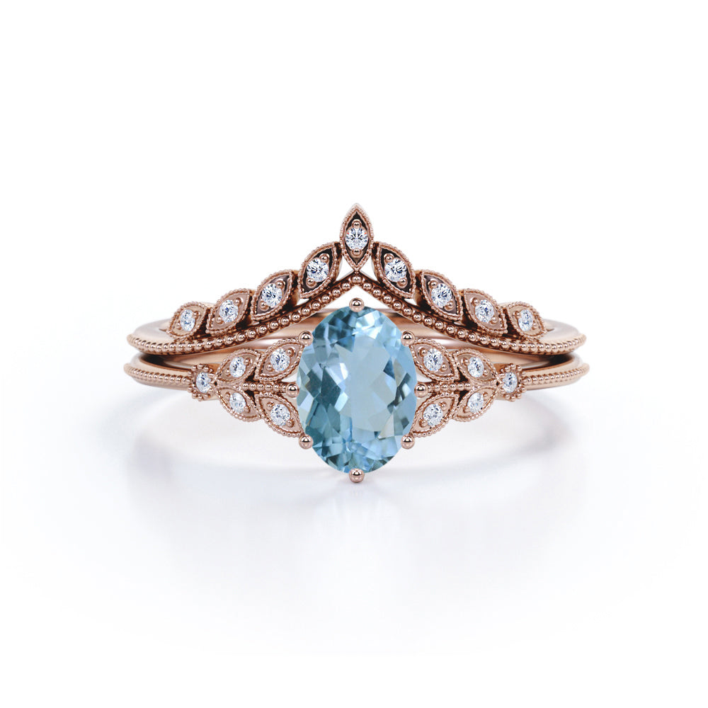 Bestselling 1.50 Carat oval cut Aquamarine and Diamond Wedding Ring Set in White Gold