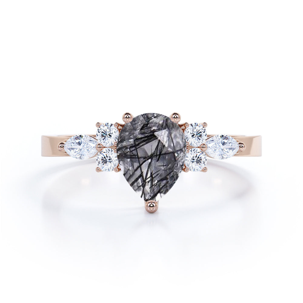 1.35 ct Pear Black Rutilated Quartz Seven Stone Engagement Ring