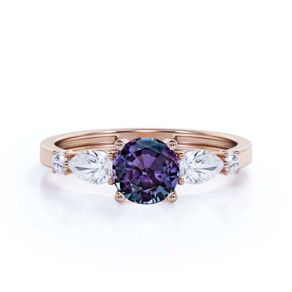 Four Prong 1.35 Carat Brilliant Round Cut Lab Created Alexandrite And Diamond  Five Stone Engagement Ring In White Gold