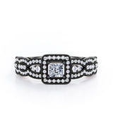 Triple Curved Pave Band - 0.5 TCW Princess Cut Diamond - Milgrain Halo-Channel Engagement Ring - 10K Black Gold