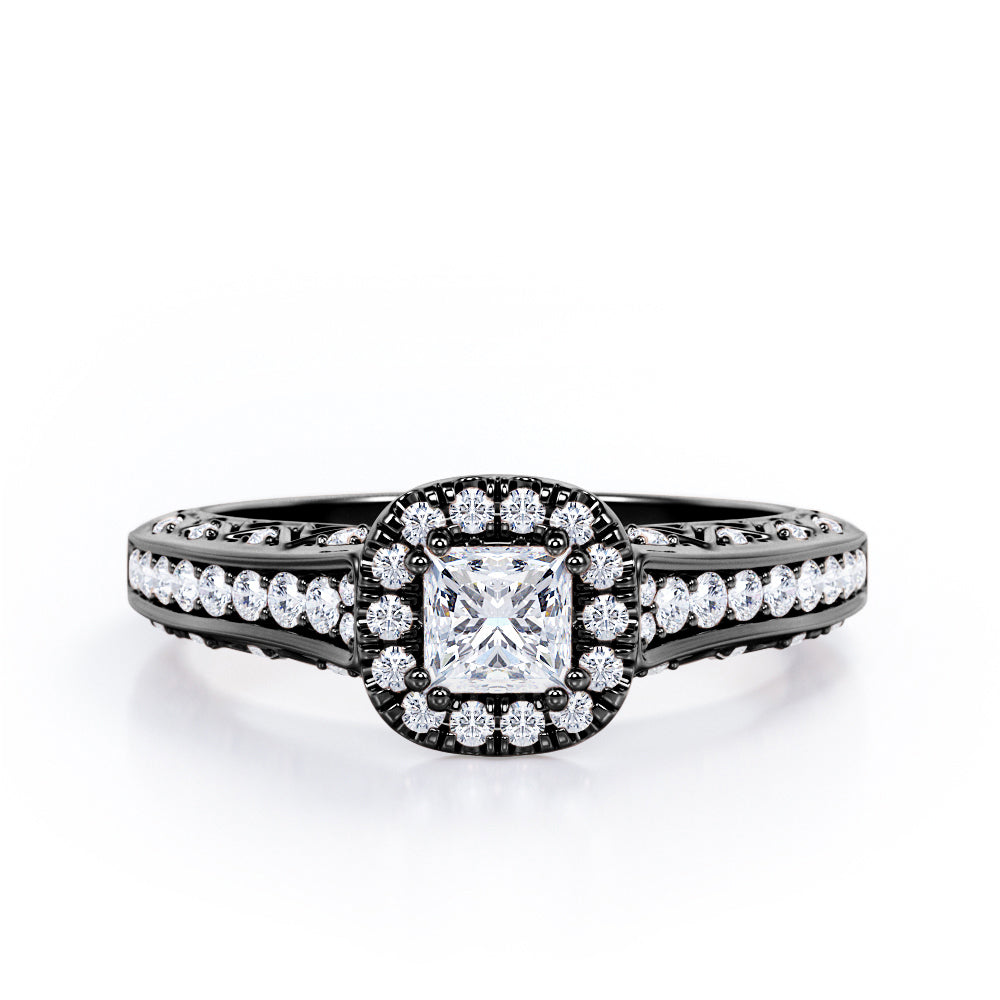 Double Prong Halo - 0.55 TCW Princess Cut Diamond - Filigree Pave-Channel Engagement Ring - 10K White Gold