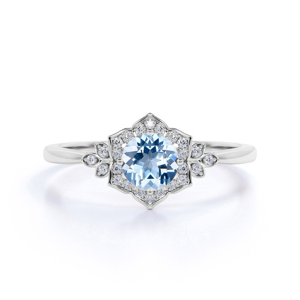1.75 ct Round Aquamarine Antique Art Deco Engagement Ring