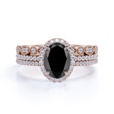 Unique 2 Carat Oval cut Lab Black Diamond Trio Wedding Ring Set in Rose Gold for Her
