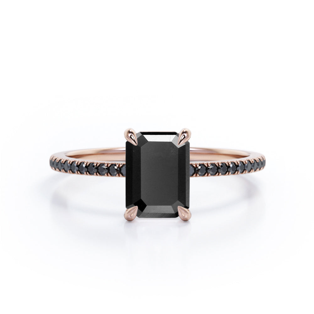 1.25 ct Emerald Lab Black Diamond Pave Engagement Ring