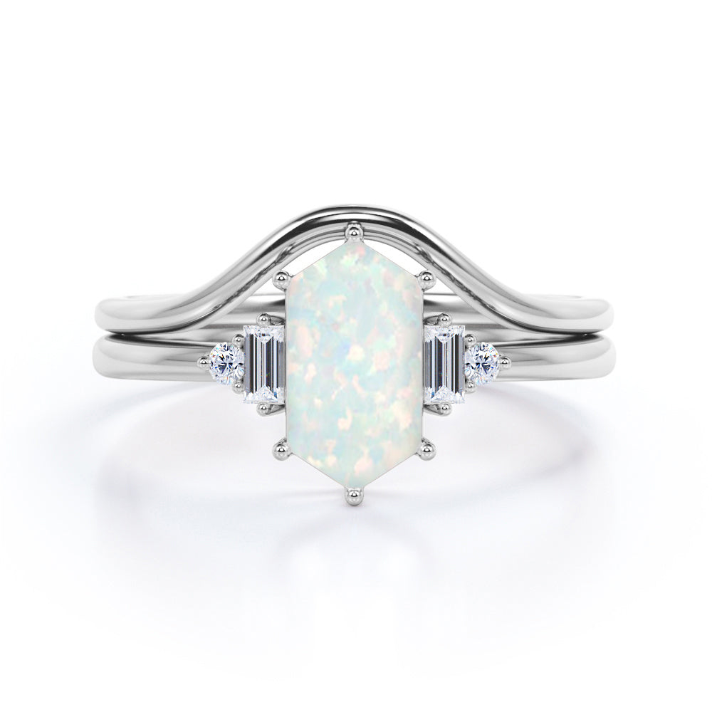 Modern Six Prong Basket Set 1.15 Carat Hexagon Shaped Ethiopian Opal And Diamond Five Stone Curved Bridal Set In Rose Gold