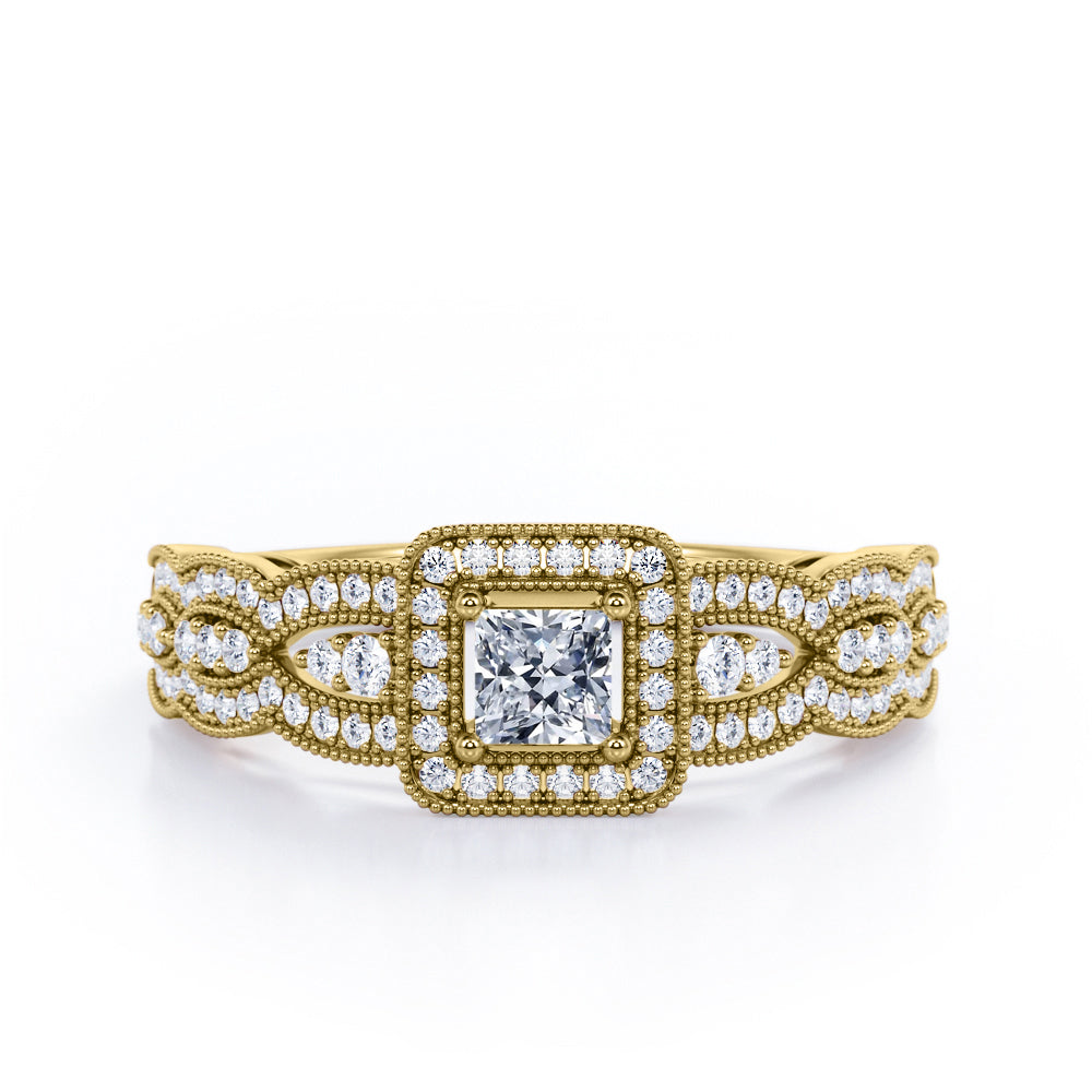 Triple Curved Pave Band - 0.5 TCW Princess Cut Diamond - Milgrain Halo-Channel Engagement Ring - 10K Black Gold