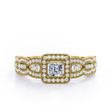 Triple Curved Pave Band - 0.5 TCW Princess Cut Diamond - Milgrain Halo-Channel Engagement Ring - 10K Black Gold