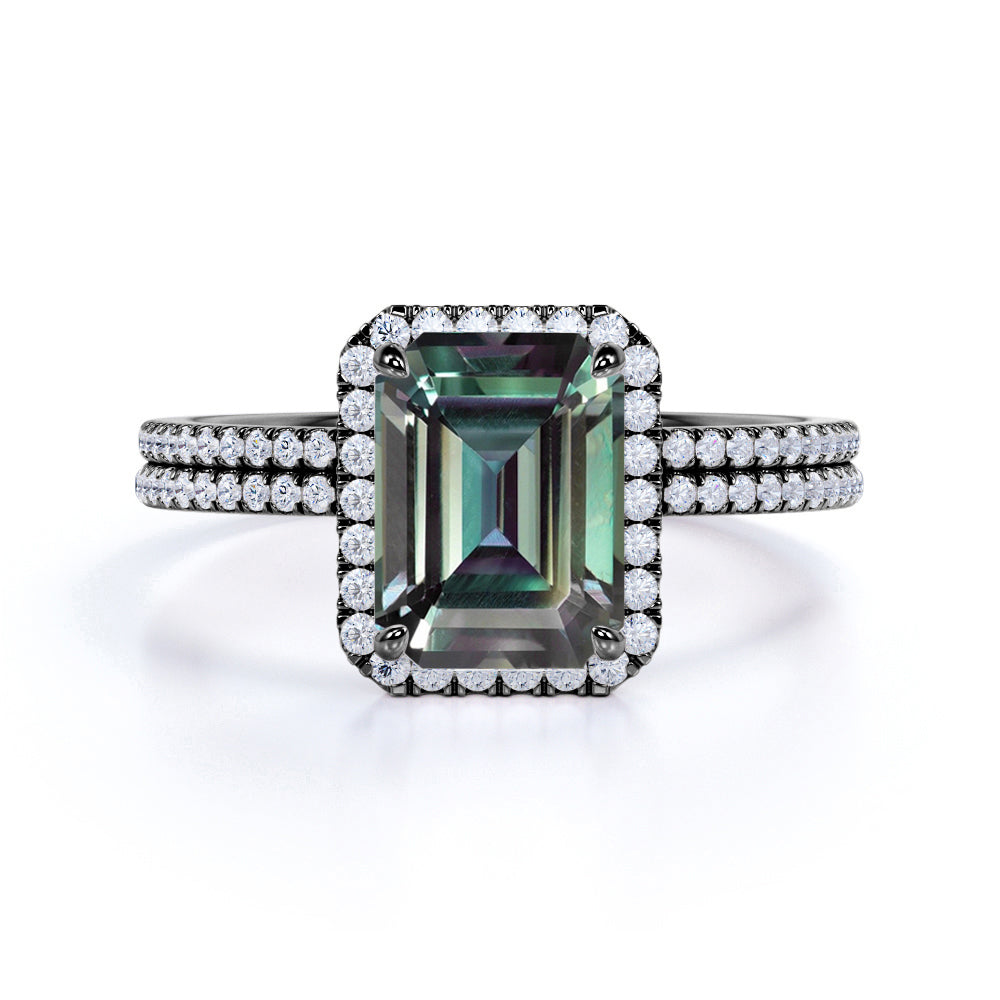 1.75 Ct Emerald Cut Lab Alexandrite Halo Pave Bridal Set