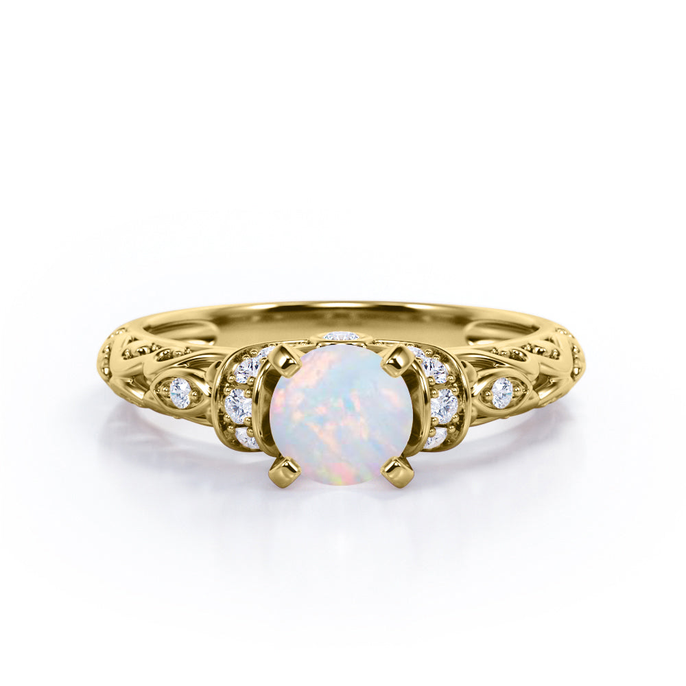 Modern Art Deco 1.15 Carat Round Cut Genuine Opal And Diamond  Four Prong Engagement Ring In Rose Gold