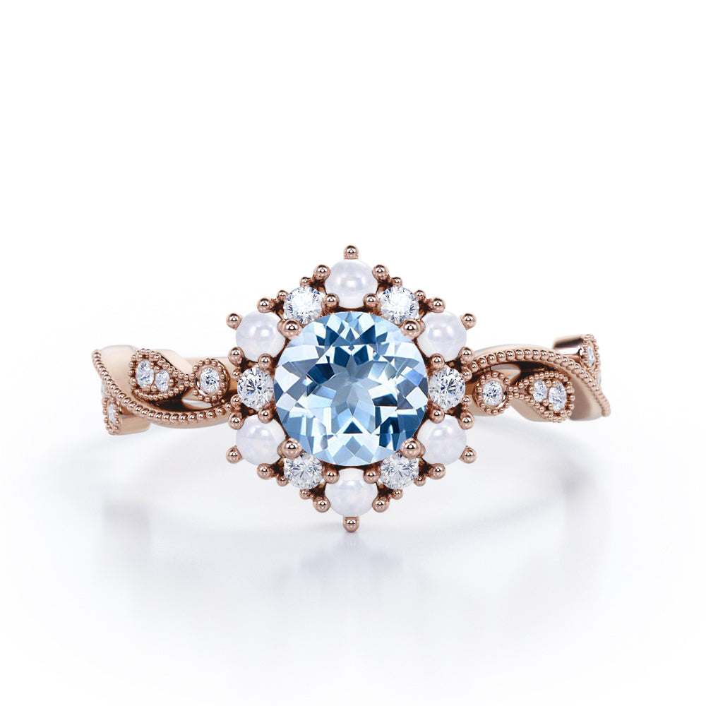 Floral Halo 0.7 carat Round Aquamarine and Diamond Engagement Ring in White Gold