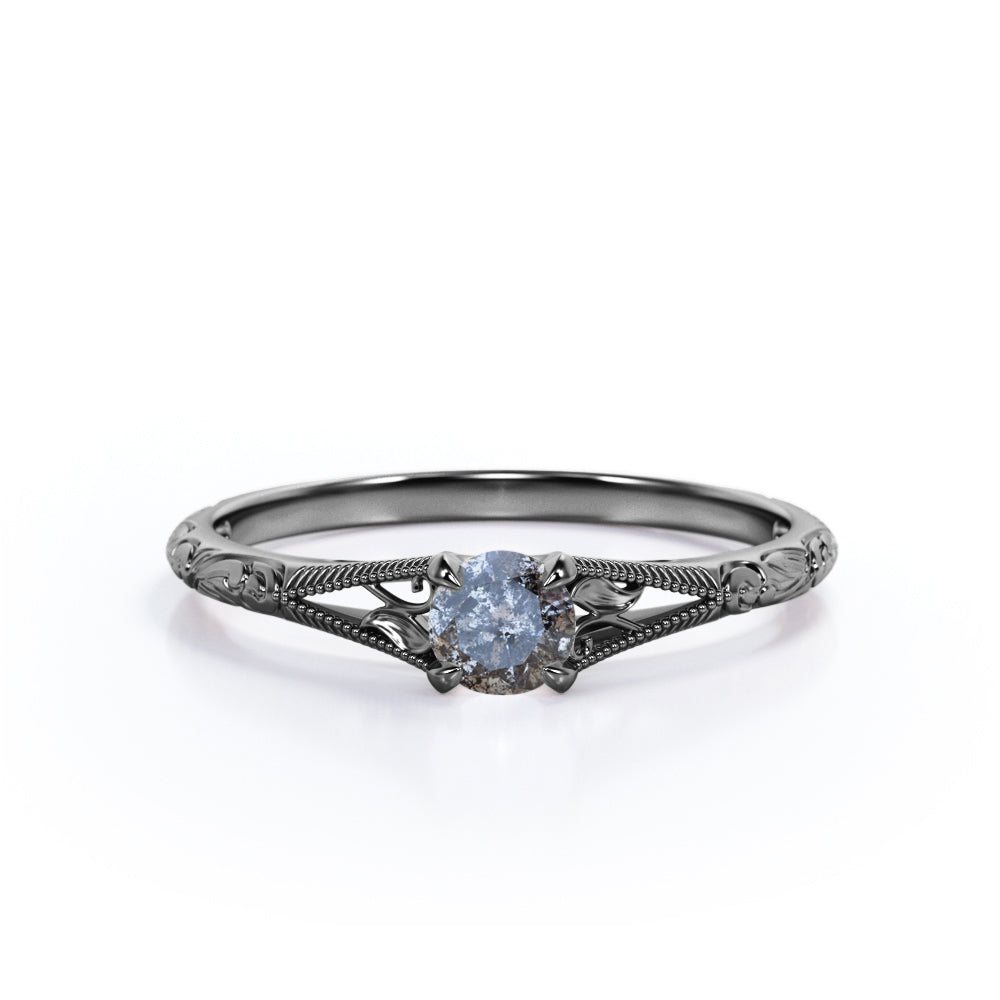 Exquisite Milgrain Solitaire .50 Carat Round Cut Natural Galaxy Black Grey Salt and Pepper Diamond Filigree Engagement Ring for Her