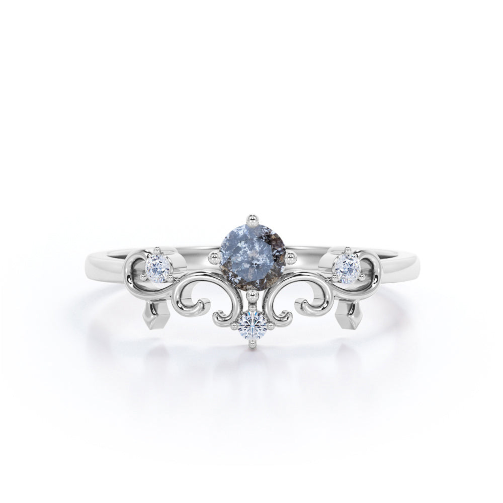 Filigree Solitaire 0.60 Carat Round Cut Fancy Dark Grey Salt and Pepper Diamond Unique Engagement Ring