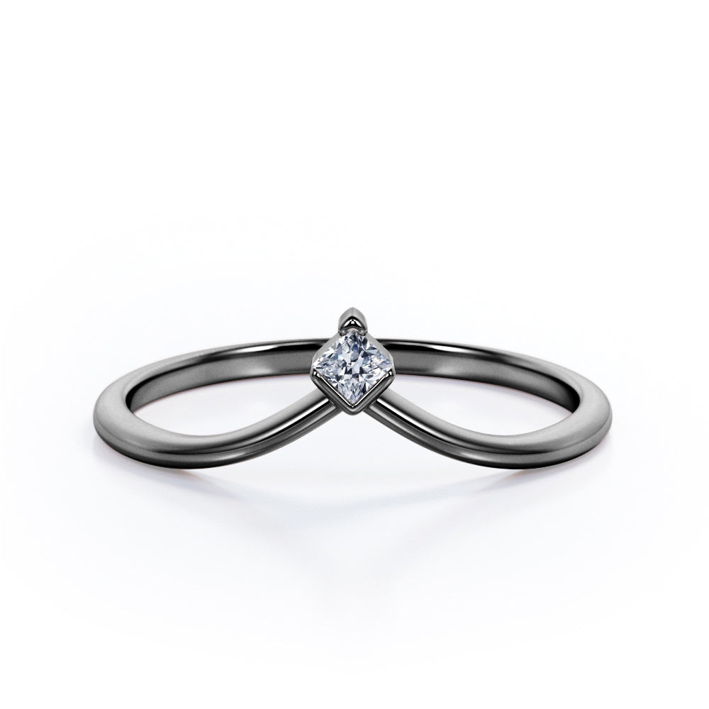 0.05 TCW Round Shaped Diamond - Half Bezel Setting - V Curved Wedding Band - Yellow Gold