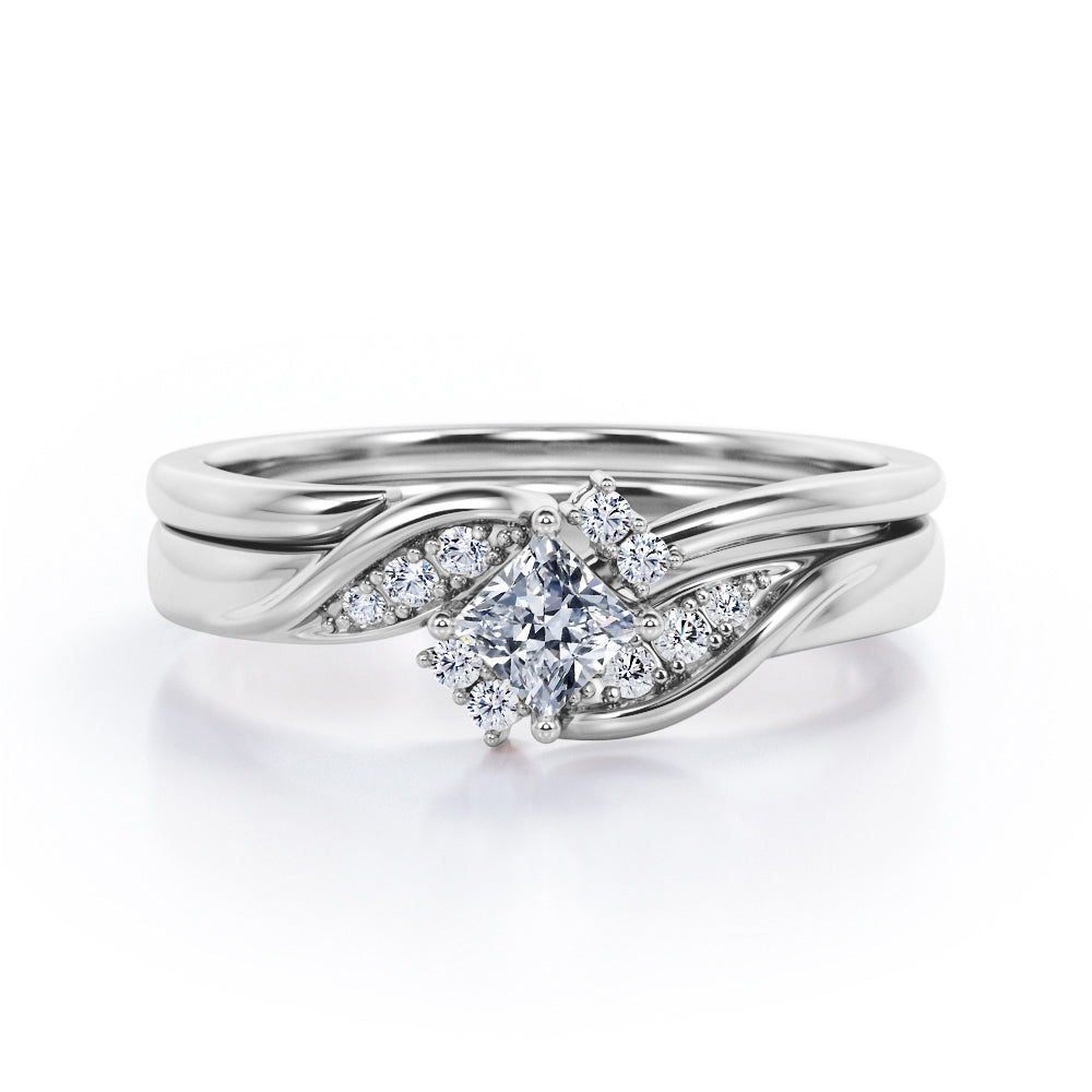 Petite Pave-Channel - 0.55 TCW Rhombus Princess Cut Moissanite - Prong Tensioned Wedding Ring Set -  Black Gold